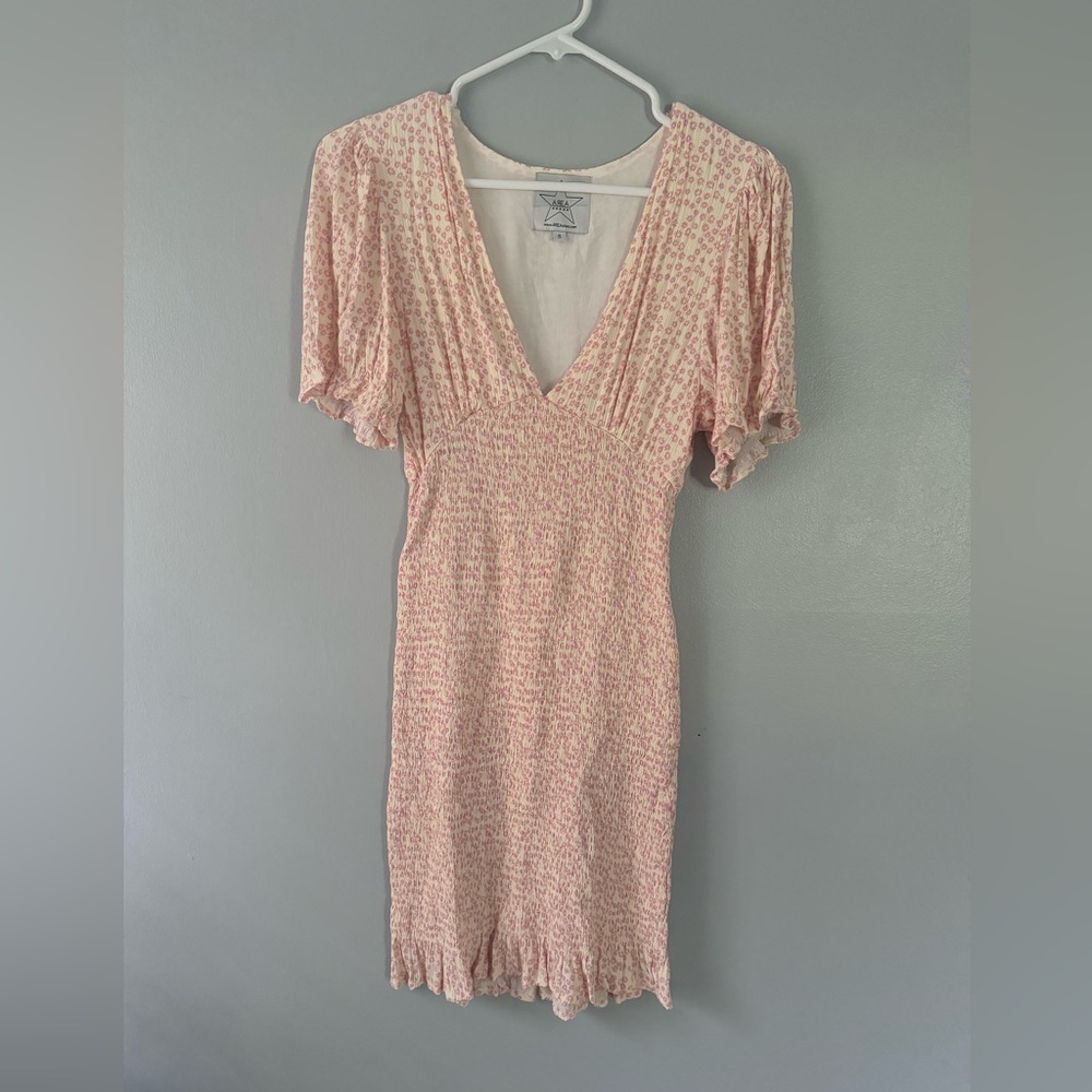 AREA pink Cream smocked Floral Mini Dress puff sleeves Rent the Runway Small - Picture 5 of 7